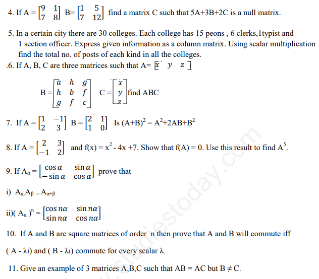 Cbse Class Mathematics Matrices And Determinants Assignment Set E